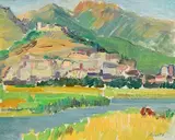 Elizabeth Rivers, Continental Hillside Village, oil on canvas laid on board