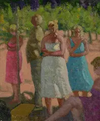 Mass, Open Air, Corfu by Patrick Leonard, 1986, oil on board, sold Sep 2023