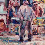 Market Day, Le Vigan, France by Arthur K. Maderson, oil on board, sold Sep 2023