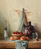 Robert Chailloux French, Still Life - Wine Jug, Fruit, and Glass on Tabletop