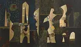 George Campbell, Totems Regrouping, mixed media on paper