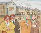 Trouble on Francis Street, Waterford by John Schwatschke, oil on canvas, sold Sep 2023