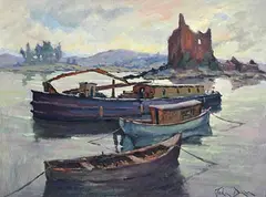 John Dinan, Barge with Castle Ruins in the Distance, oil on canvas board