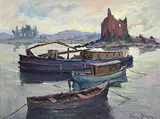 John Dinan, Barge with Castle Ruins in the Distance, oil on canvas board
