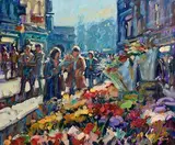 Norman Teeling, Flower Sellers, Grafton Street, Dublin, oil on board