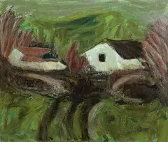 Winter Farm by Nancy Wynne-Jones, 1990, acrylic on canvas, sold Aug 2023