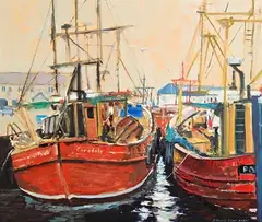 Dennis Orme Shaw, Trawlers at Rest, oil on canvas