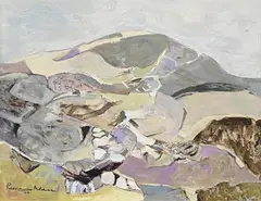 Burial Mounds by Rosemary Mitchell, 1990, oil on canvas, sold Aug 2023