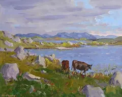 Anthony McCarthy, Cattle by the Lake, Connemara, oil on canvas board