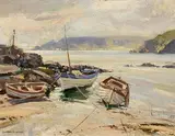 Boats, Cushendun by Maurice Canning Wilks, oil on canvas, sold Jul 2023