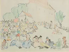 Crowd Relaxing Outside a Church by Mary Swanzy, pastel on paper, sold Jul 2023