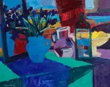 Blue Jug and Bottle by Brian Ballard, 1996, oil on canvas, sold Jul 2023