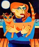 Girl with Ginger Cat Under Moonlight by Graham Knuttel, oil on canvas, sold Jul 2023