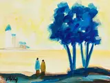 Markey Robinson, Shawlies by the Shore, gouache on board