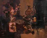 Still Life - Vase of Flowers and Sardines on Tabletop by George Campbell, oil on board, sold Jul 2023