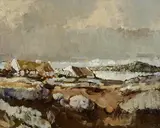 Cottages on the Coast, Connemara by Cecil Maguire, oil on board, sold Jul 2023