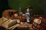 Raymond Campbell British, Still Life - Mandolin, Books and China Vase on Tabletop