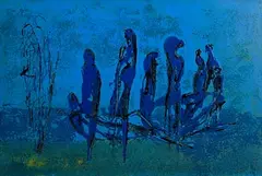 Edward Delaney, Figures in Blue Landscape, mixed media on board
