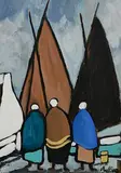 Shawlies by the Shore by Markey Robinson, gouache on board, sold Jul 2023