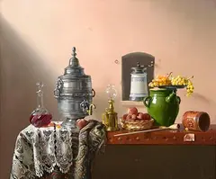 Pierre Raser, Fontaine, Muscat, Peches et Moulin, oil on canvas