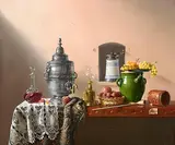 Pierre Raser, Fontaine, Muscat, Peches et Moulin, oil on canvas