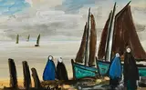 Shawlies with Boats by the Shore by Markey Robinson, gouache on card, sold Jul 2023