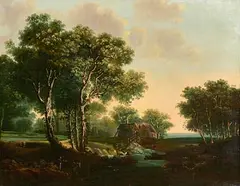 John Henry Campbell, Figures in a River Landscape, Watermill Beyond, oil on canvas