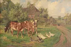 Feeding Time, Calves and Geese by Claude Cardon, oil on canvas, sold Jul 2023