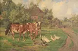 Claude Cardon, Feeding Time, Calves and Geese, oil on canvas