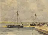 Charles Vincent Lamb, Peat Boats at Carraroe Pier, oil on board