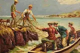 Charles McAuley, Landing the Catch, oil on canvas laid on board
