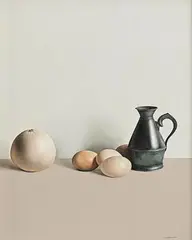 Gourd, Pewter and Eggs by Liam Belton, oil on canvas, sold Jun 2023