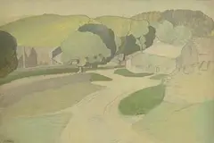 Landscape with Cottages by Harry Epworth Allen, gouache, offered Jun 2023