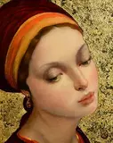 Ken Hamilton, Girl with the Red Scarf, oil and gold leaf on board