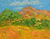 Figures in an Olive Grove by Desmond Carrick, oil on canvas board, sold Jun 2023