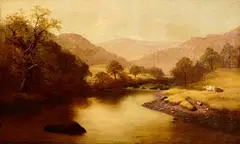 William Gillard, Autumnal River Landscape with Cows in the Foreground, Mountains Beyond, 1876, oil on canvas
