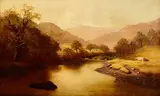 William Gillard, Autumnal River Landscape with Cows in the Foreground, Mountains Beyond, 1876, oil on canvas