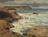 Rough Seas, Ballintoy, Co. Antrim by Maurice Canning Wilks, oil on canvas, sold Jun 2023