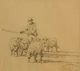 Eugène Joseph Veboeckhoven, Herding the Sheep, pencil on paper