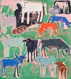 Julie Poulsen, My Cows, oil and mixed media on canvas laid on board