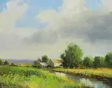 Farmstead by the River by Norman J. McCaig, oil on canvas board, sold Jun 2023