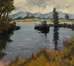 Riverboat by John Dinan, oil on board, sold Jun 2023