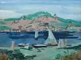 Mainie Jellett, Coastal View with Figures and Boats, gouache on card