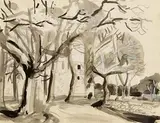 Evie Hone, The Churchyard, watercolour heightened with white