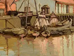 The Belfast Docks by Georgina Moutray Kyle, oil on board, sold May 2023