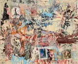 Soldiers and 3 Stamps by John Kingerlee, 2021, oil and collage on card, sold May 2023