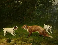 Casper von Reth, Hunting Dogs and Fox, 1897, oil on canvas