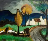 Herding Them Home by Markey Robinson, gouache on board, sold May 2023