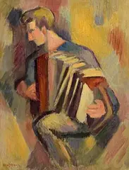 The Musician by Arthur Armstrong, oil on canvas board, sold May 2023