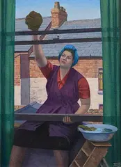 John Turner, Woman Cleaning Windows, 1985, oil on canvas board